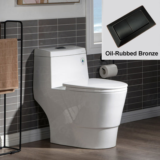 WoodBridge T0001-ORB White One Piece Toilet With Soft Closing Seat, Chair Height, 1.28 GPF Dual, Water Sensed, 1000 Gram Map Flushing Score Toilet With Oil Rubbed Bronze Button
