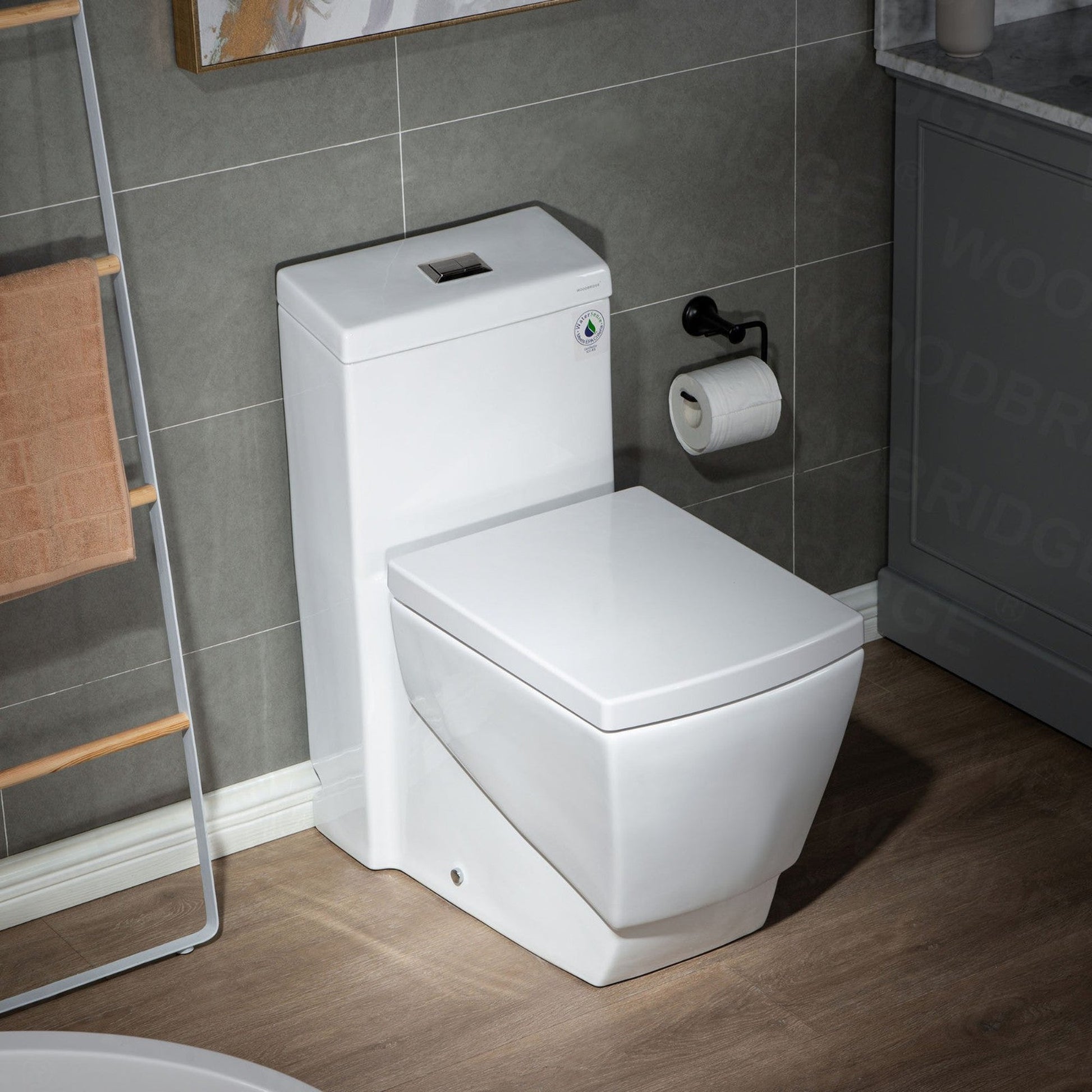 WoodBridge T0020-BN Modern Square Design One Piece Dual Flush 1.28 GP Toilet, Chair Height With Soft Closing Seat and Brushed Nickel Button