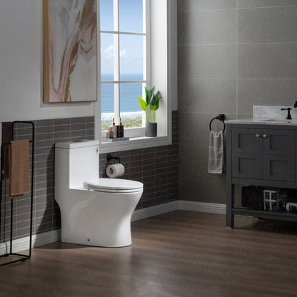 WoodBridge T0031-BG White One Piece Short Compact Toilet Tiny Mini Commode Water Closet Dual Flush Concealed Trapway With Brushed Gold Button