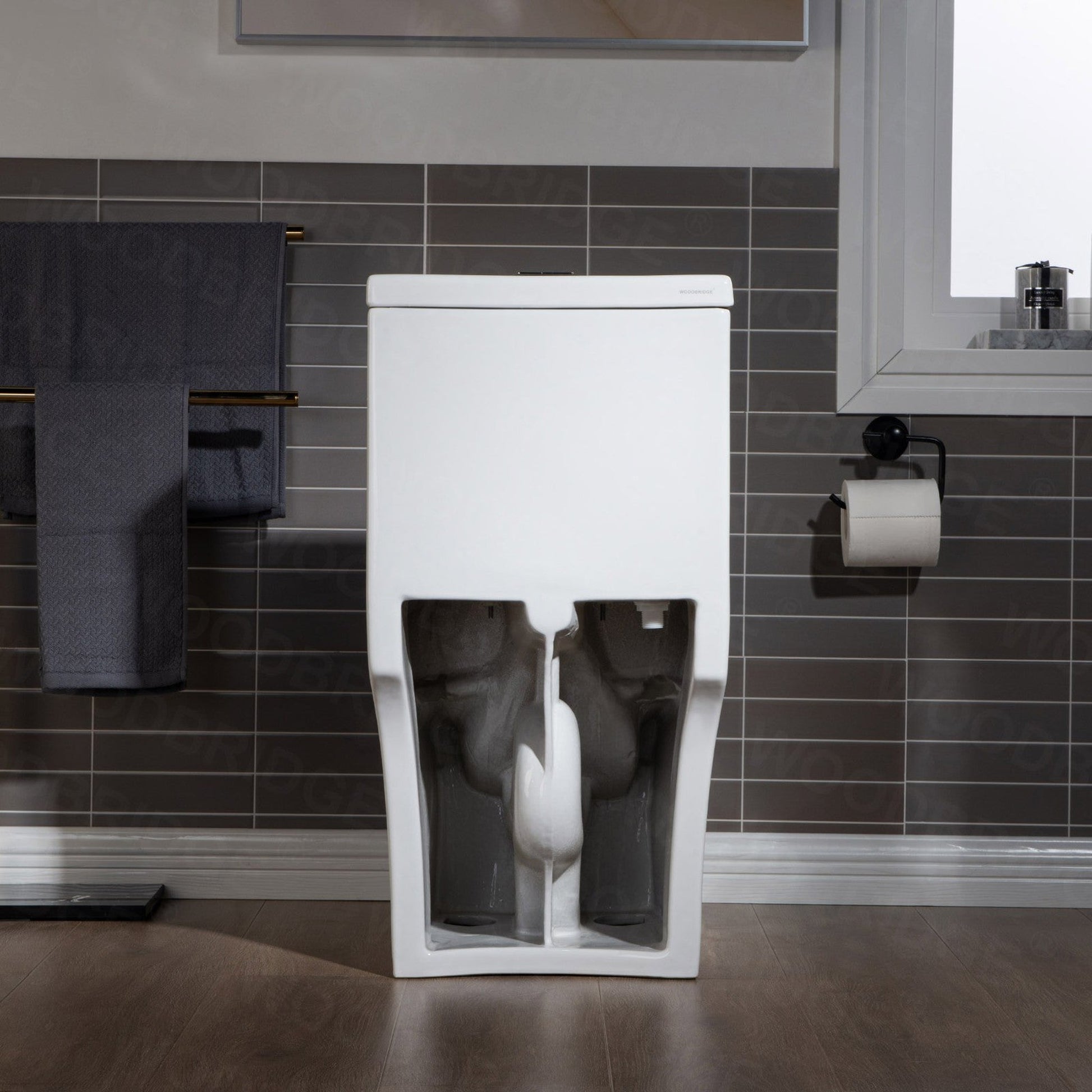 WoodBridge T0031-BG White One Piece Short Compact Toilet Tiny Mini Commode Water Closet Dual Flush Concealed Trapway With Brushed Gold Button