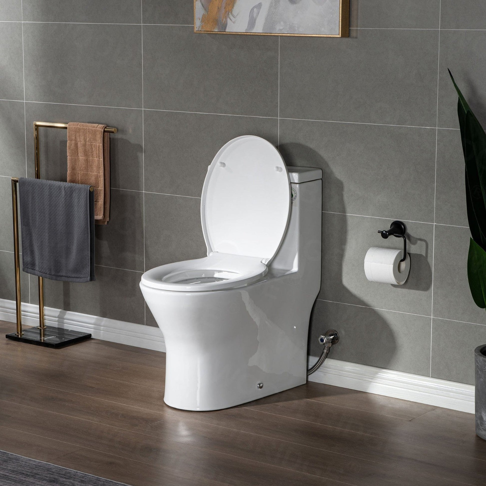 WoodBridge T0031-BG White One Piece Short Compact Toilet Tiny Mini Commode Water Closet Dual Flush Concealed Trapway With Brushed Gold Button