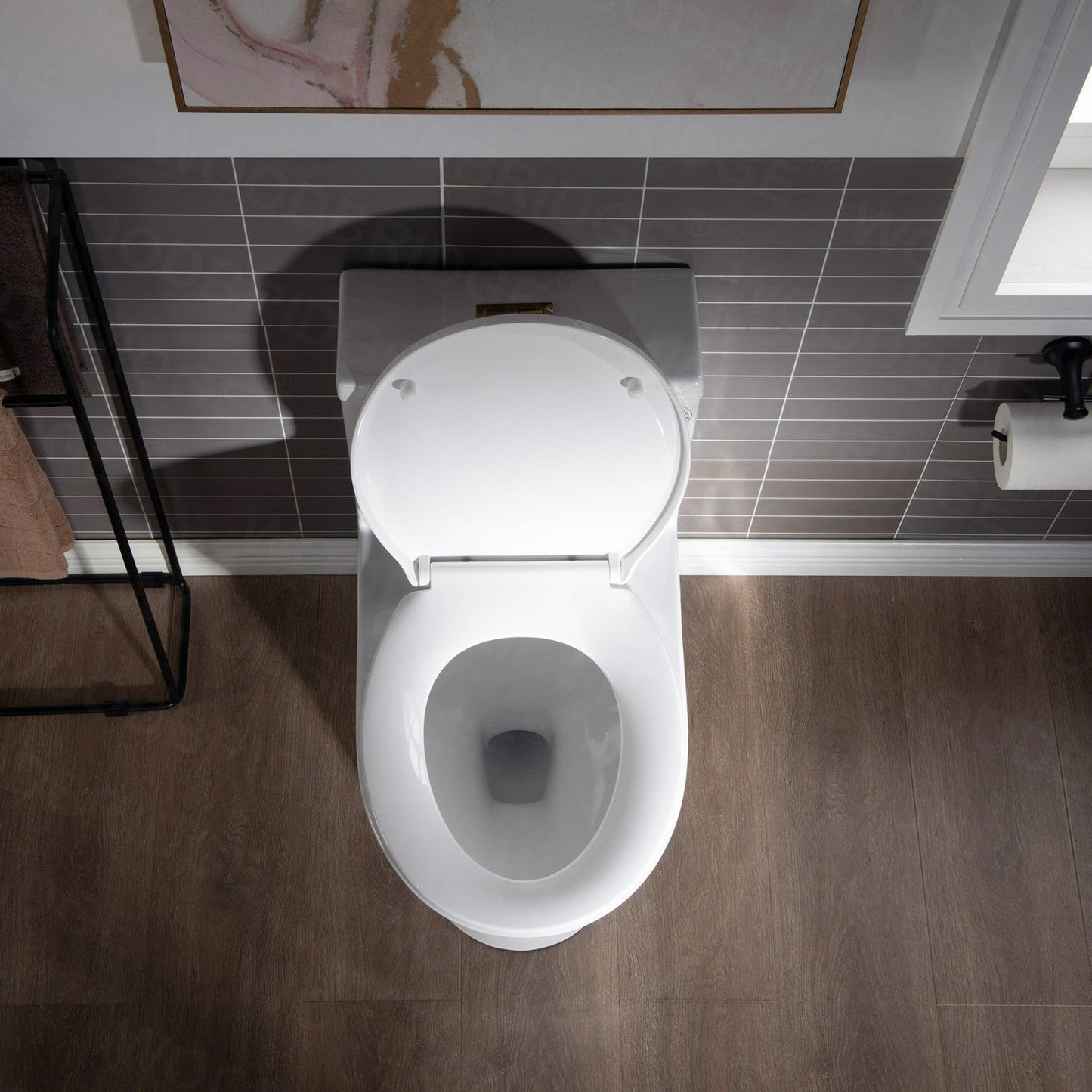 WoodBridge T0031-BG White One Piece Short Compact Toilet Tiny Mini Commode Water Closet Dual Flush Concealed Trapway With Brushed Gold Button