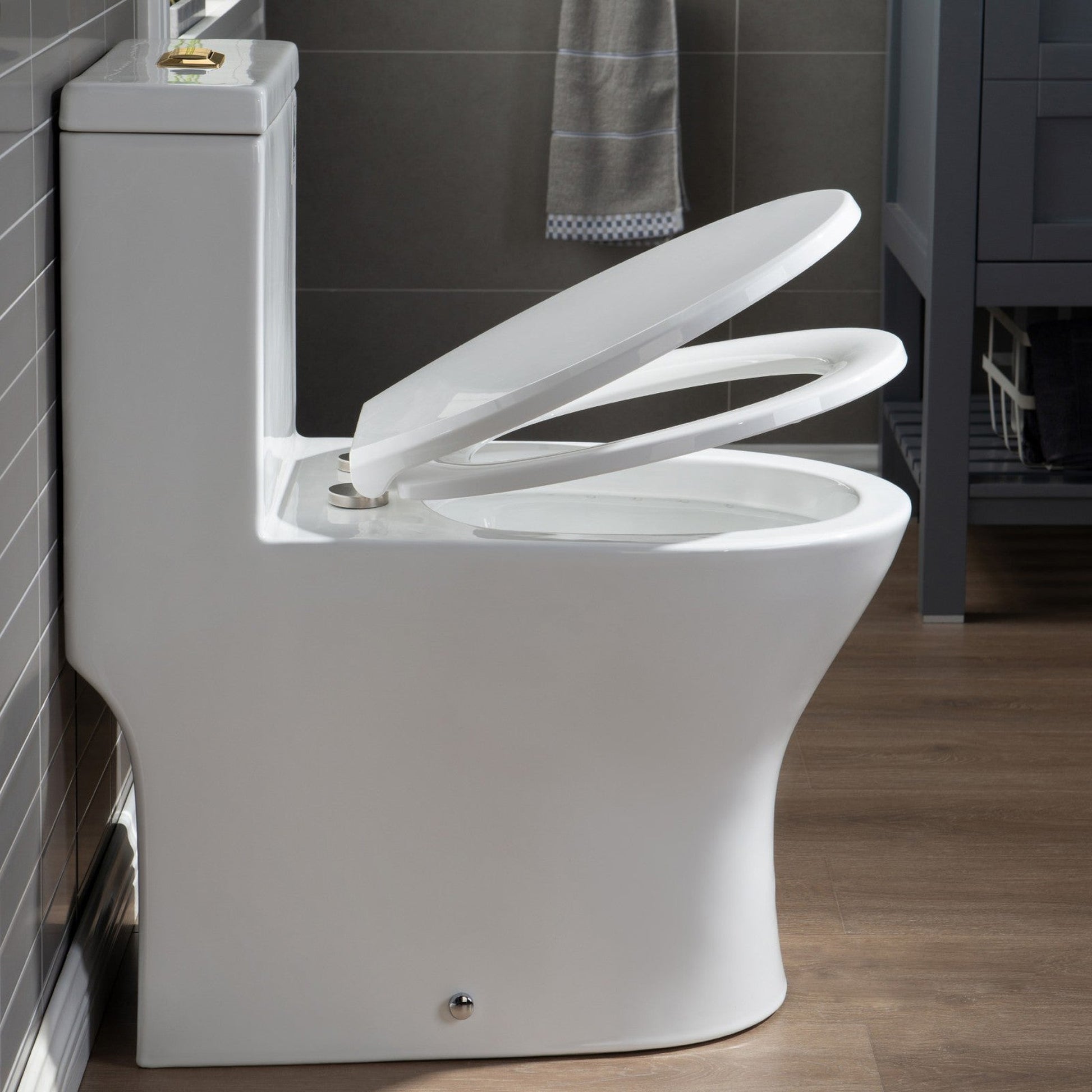 WoodBridge T0031-BG White One Piece Short Compact Toilet Tiny Mini Commode Water Closet Dual Flush Concealed Trapway With Brushed Gold Button