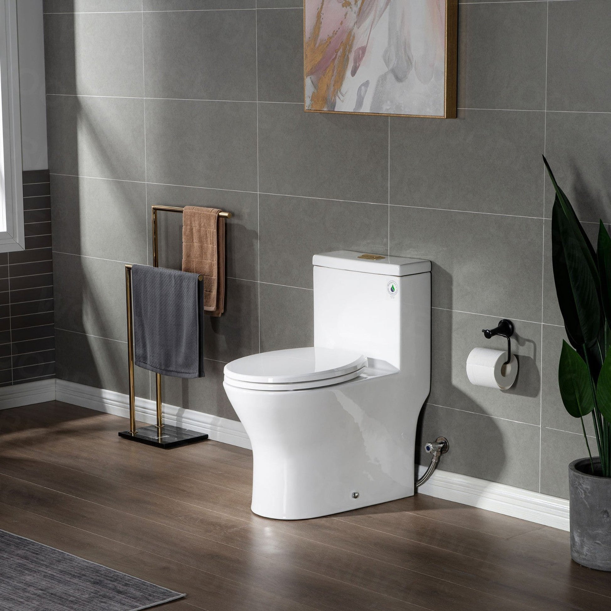 WoodBridge T0031-BG White One Piece Short Compact Toilet Tiny Mini Commode Water Closet Dual Flush Concealed Trapway With Brushed Gold Button