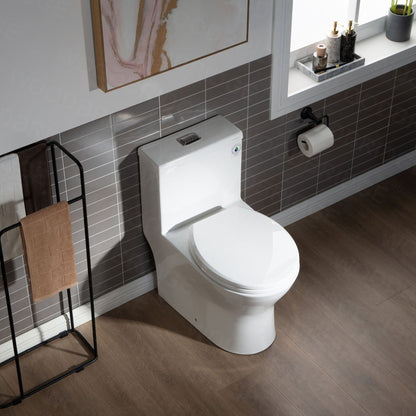 WoodBridge T0031-BN White One Piece Short Compact Toilet Tiny Mini Commode Water Closet Dual Flush Concealed Trapway With Brushed Nickel Button