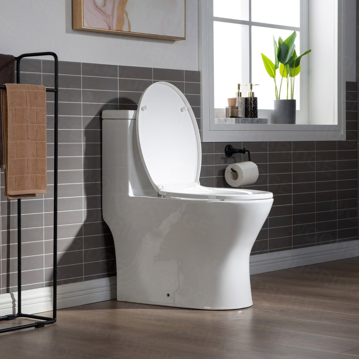 WoodBridge T0031-BN White One Piece Short Compact Toilet Tiny Mini Commode Water Closet Dual Flush Concealed Trapway With Brushed Nickel Button