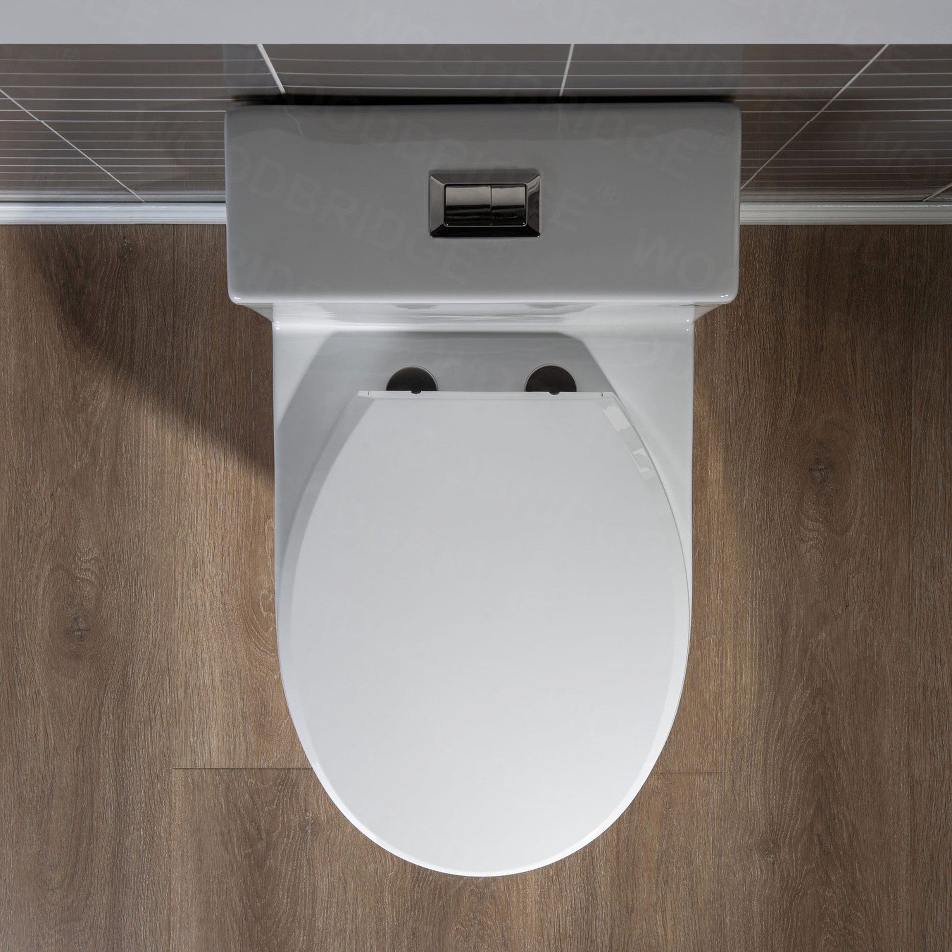 WoodBridge T0031-BN White One Piece Short Compact Toilet Tiny Mini Commode Water Closet Dual Flush Concealed Trapway With Brushed Nickel Button