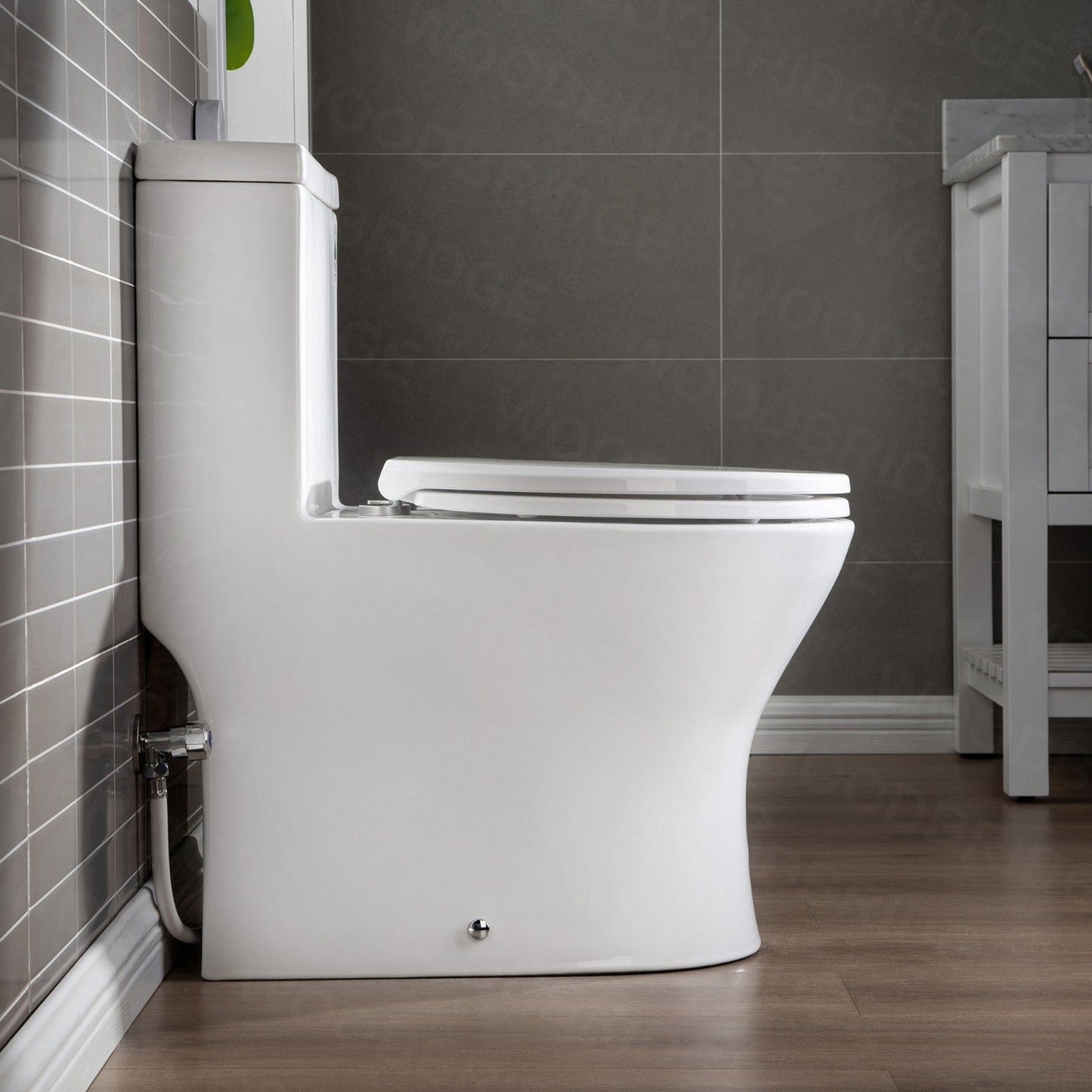 WoodBridge T0031-BN White One Piece Short Compact Toilet Tiny Mini Commode Water Closet Dual Flush Concealed Trapway With Brushed Nickel Button