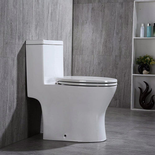 WoodBridge T0031-CH White Short Compact Tiny One Piece Toilet With Soft Closing Seat and Chrome Finish Button