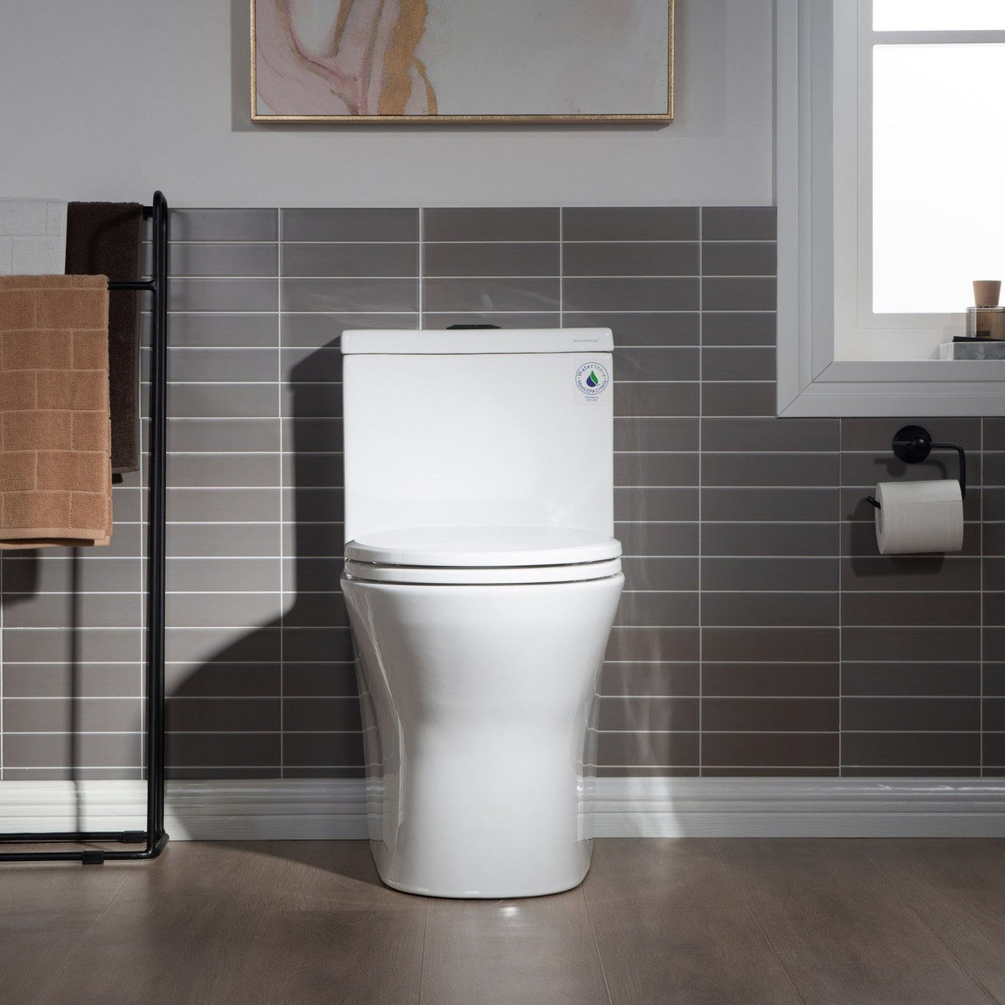 WoodBridge T0031-MB White Short Compact Tiny One Piece Toilet With Soft Closing Seat and Matte Black Finish Button