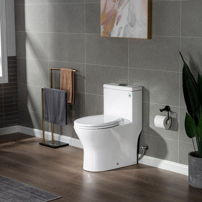 WoodBridge T0031-MB White Short Compact Tiny One Piece Toilet With Soft Closing Seat and Matte Black Finish Button