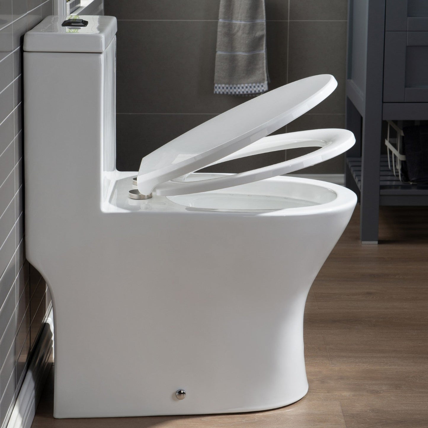 WoodBridge T0031-MB White Short Compact Tiny One Piece Toilet With Soft Closing Seat and Matte Black Finish Button