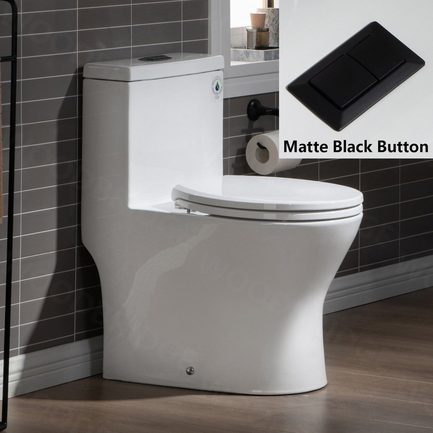 WoodBridge T0031-MB White Short Compact Tiny One Piece Toilet With Soft Closing Seat and Matte Black Finish Button