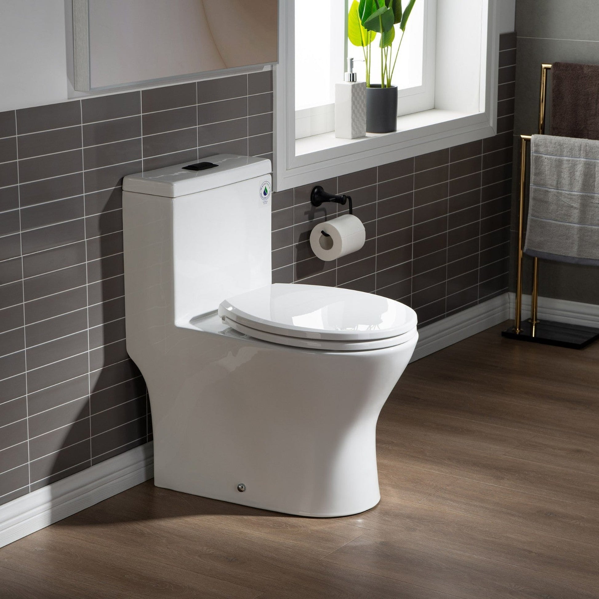 WoodBridge T0031-ORB White One Piece Short Compact Toilet Tiny Mini Commode Water Closet Dual Flush Concealed Trapway With Oil Rubbed Bronze Button