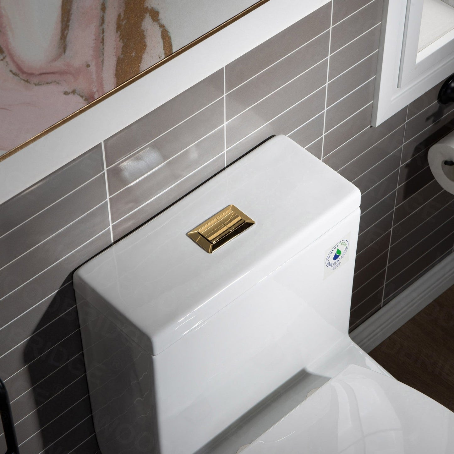 WoodBridge T0032-BG White Modern One Piece Dual Flush 1.28 GP Toilet With Soft Closing Seat and Brushed Gold Button