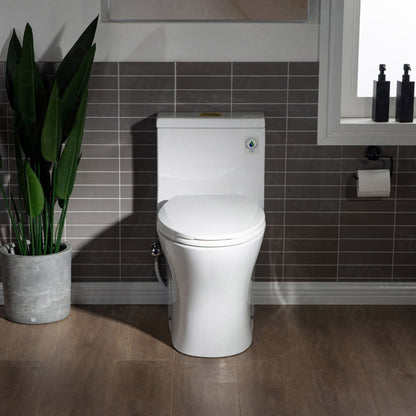 WoodBridge T0032-BG White Modern One Piece Dual Flush 1.28 GP Toilet With Soft Closing Seat and Brushed Gold Button