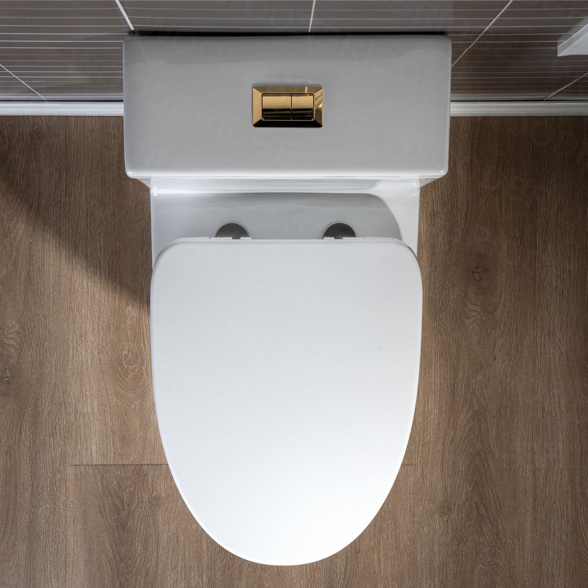 WoodBridge T0032-BG White Modern One Piece Dual Flush 1.28 GP Toilet With Soft Closing Seat and Brushed Gold Button