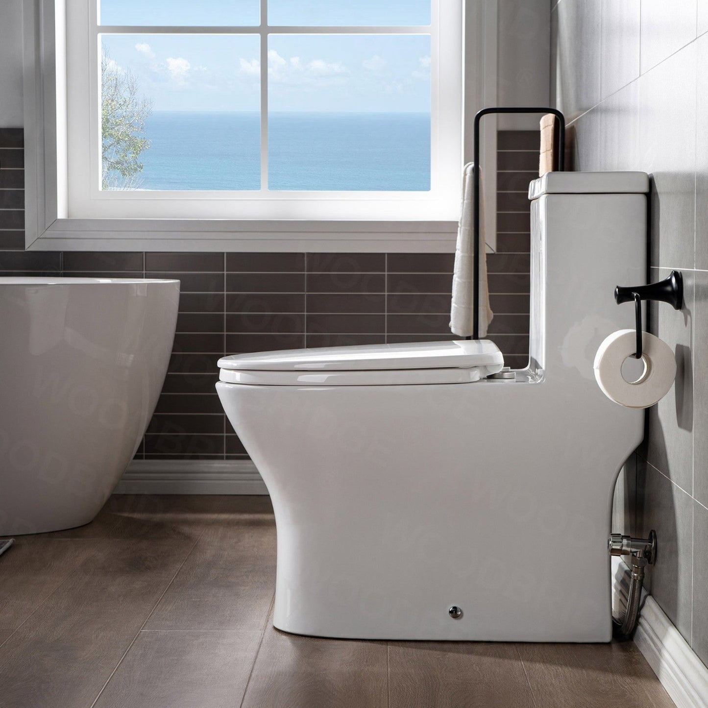 WoodBridge T0032-BG White Modern One Piece Dual Flush 1.28 GP Toilet With Soft Closing Seat and Brushed Gold Button