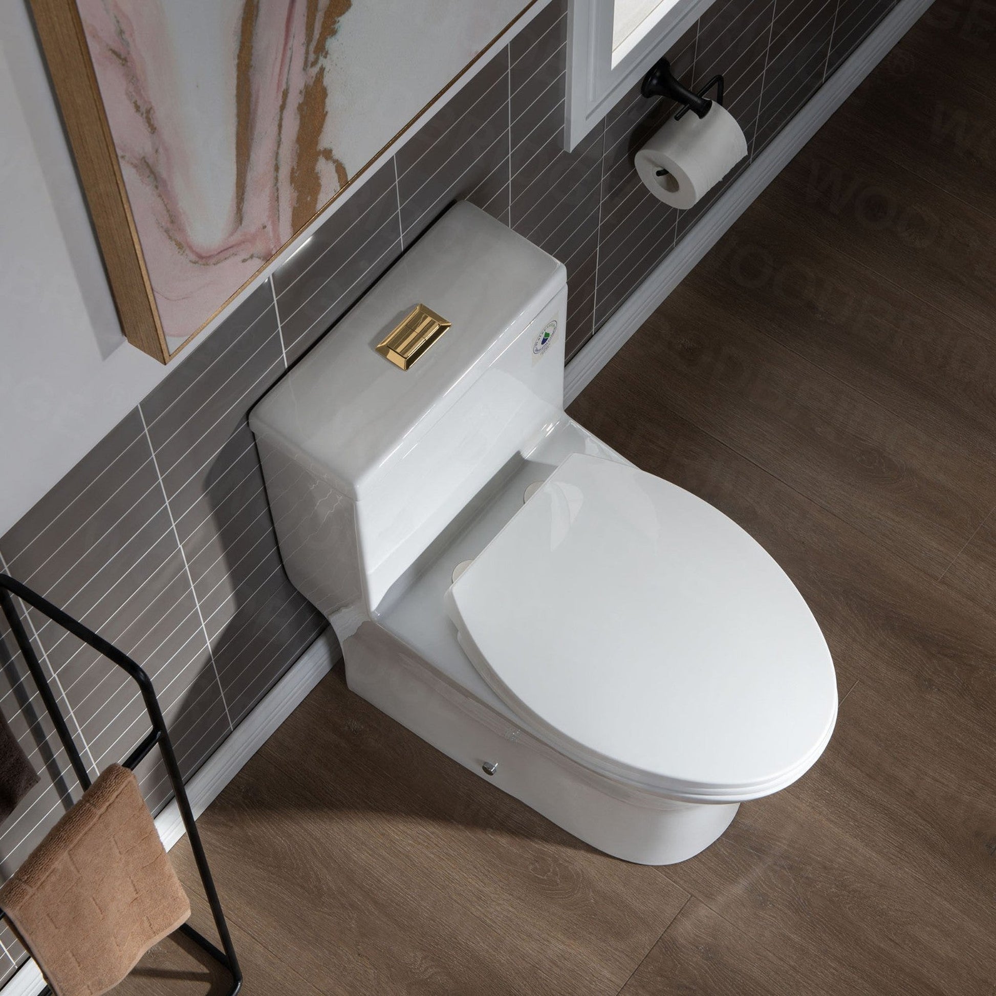 WoodBridge T0032-BG White Modern One Piece Dual Flush 1.28 GP Toilet With Soft Closing Seat and Brushed Gold Button