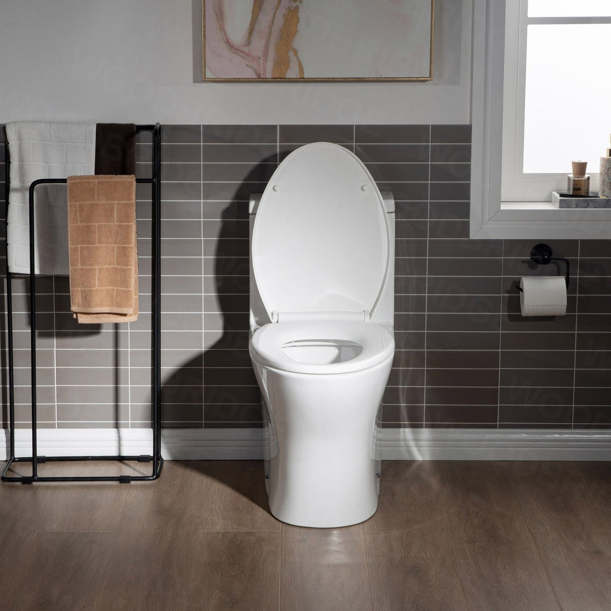 WoodBridge T0032-BG White Modern One Piece Dual Flush 1.28 GP Toilet With Soft Closing Seat and Brushed Gold Button