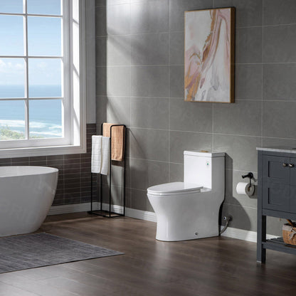 WoodBridge T0032-BG White Modern One Piece Dual Flush 1.28 GP Toilet With Soft Closing Seat and Brushed Gold Button