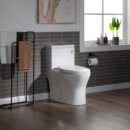 WoodBridge T0032-BG White Modern One Piece Dual Flush 1.28 GP Toilet With Soft Closing Seat and Brushed Gold Button