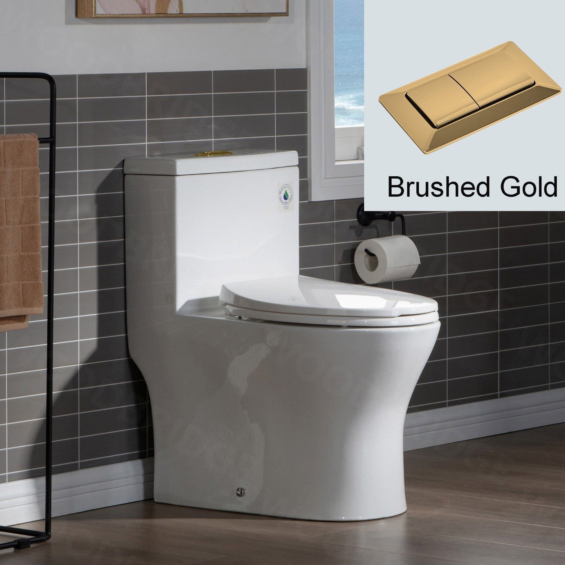 WoodBridge T0032-BG White Modern One Piece Dual Flush 1.28 GP Toilet With Soft Closing Seat and Brushed Gold Button