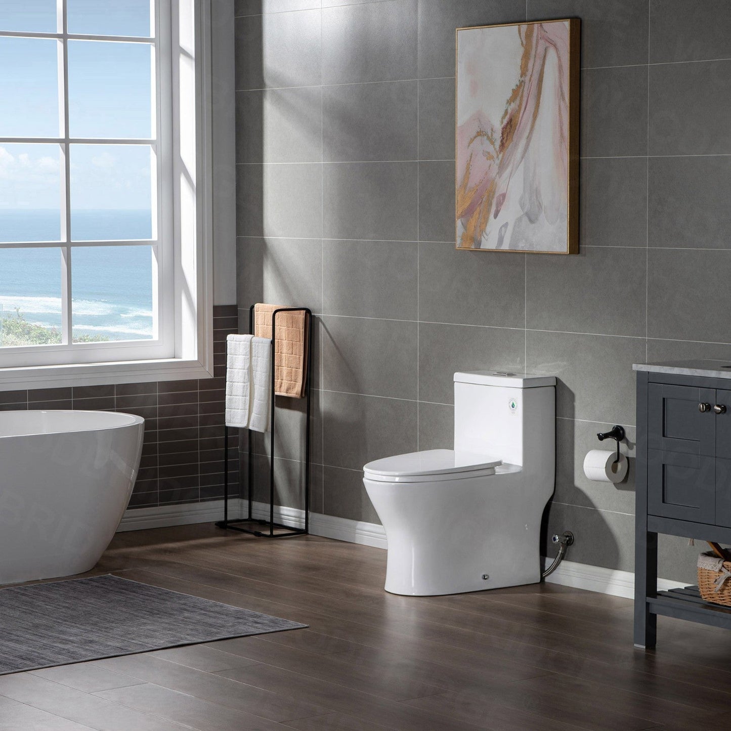 WoodBridge T0032-BN White Modern One Piece Dual Flush 1.28 GP Toilet With Soft Closing Seat and Brushed Nickel Button