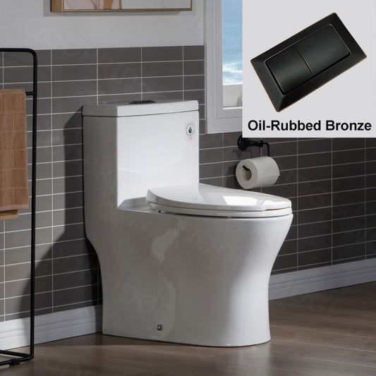 WoodBridge T0032-ORB White Modern One Piece Dual Flush 1.28 GP Toilet With Soft Closing Seat and Oil Rubbed Bronze Button