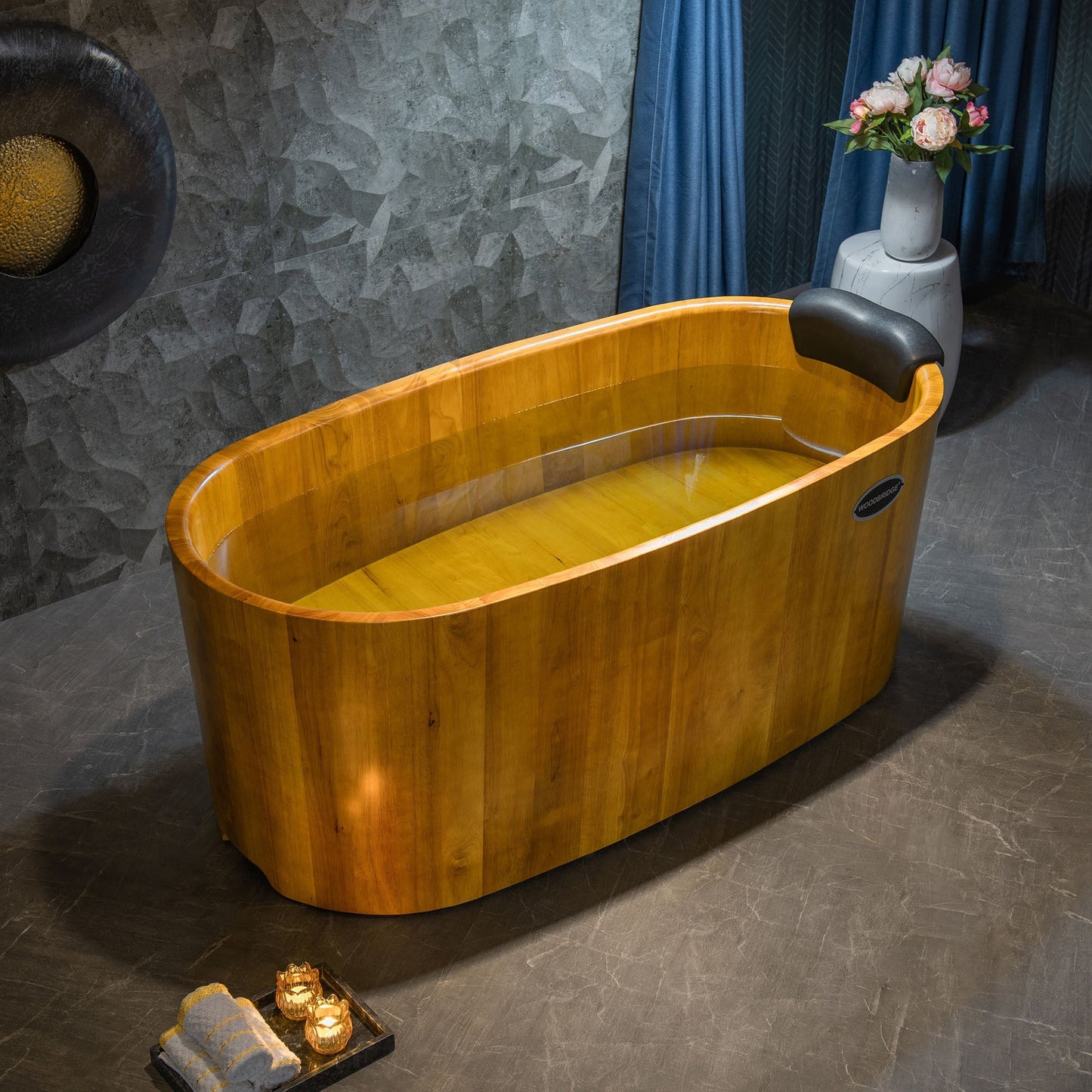 WoodBridge WB1013 67" Handcrafted Natural Wood Freestanding Soaking Bathtub With Wood Lid, Wood Seat, Pillow and Chrome Pop Up Drain