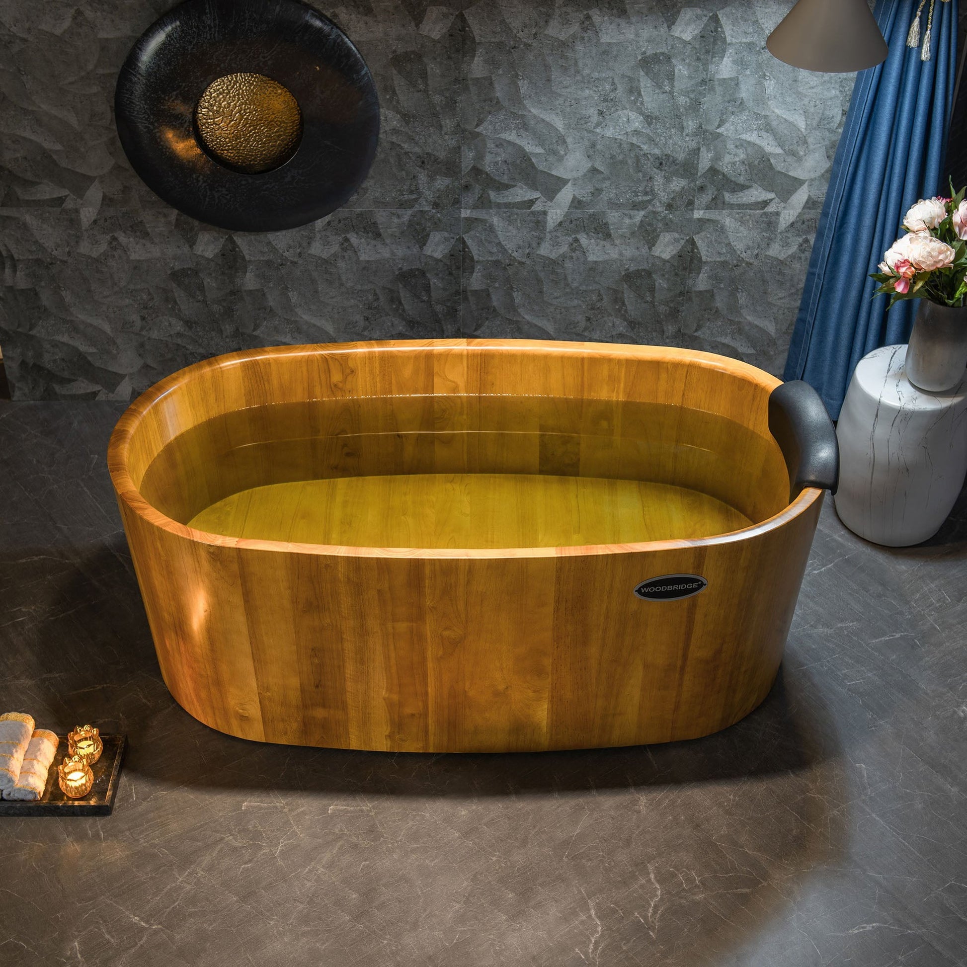 WoodBridge WB1013 67" Handcrafted Natural Wood Freestanding Soaking Bathtub With Wood Lid, Wood Seat, Pillow and Chrome Pop Up Drain