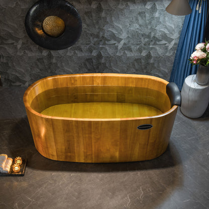 WoodBridge WB1013 67" Handcrafted Natural Wood Freestanding Soaking Bathtub With Wood Lid, Wood Seat, Pillow and Chrome Pop Up Drain