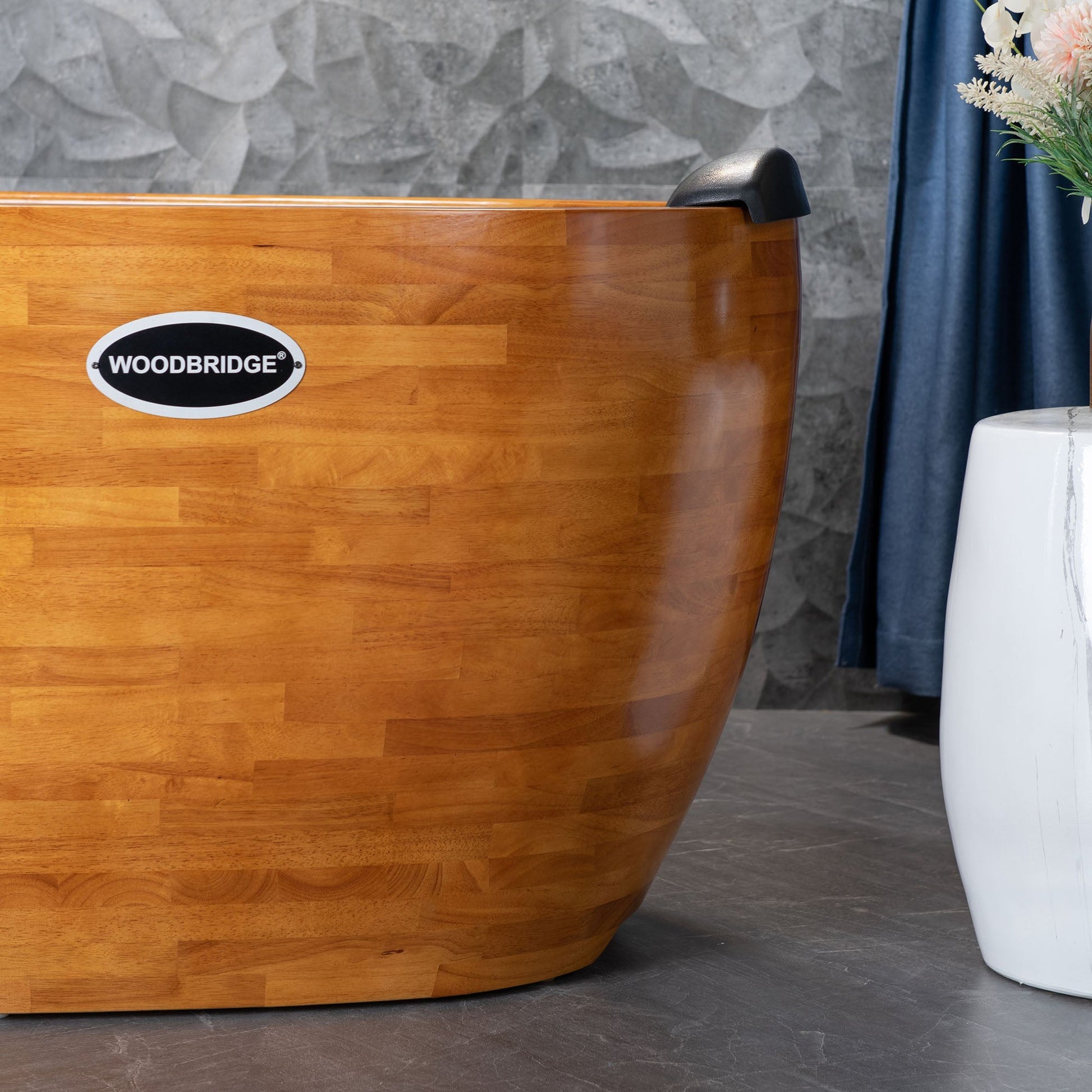 WoodBridge WB1028 67" Handcrafted Natural Wood Freestanding Soaking Bathtub with Wood Lid, Wood Seat, Pillow and Chrome Pop Up Drain