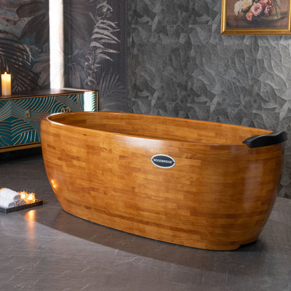 WoodBridge WB1028 67" Handcrafted Natural Wood Freestanding Soaking Bathtub with Wood Lid, Wood Seat, Pillow and Chrome Pop Up Drain