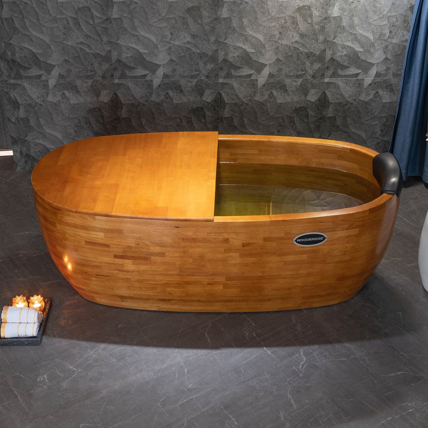 WoodBridge WB1028 67" Handcrafted Natural Wood Freestanding Soaking Bathtub with Wood Lid, Wood Seat, Pillow and Chrome Pop Up Drain