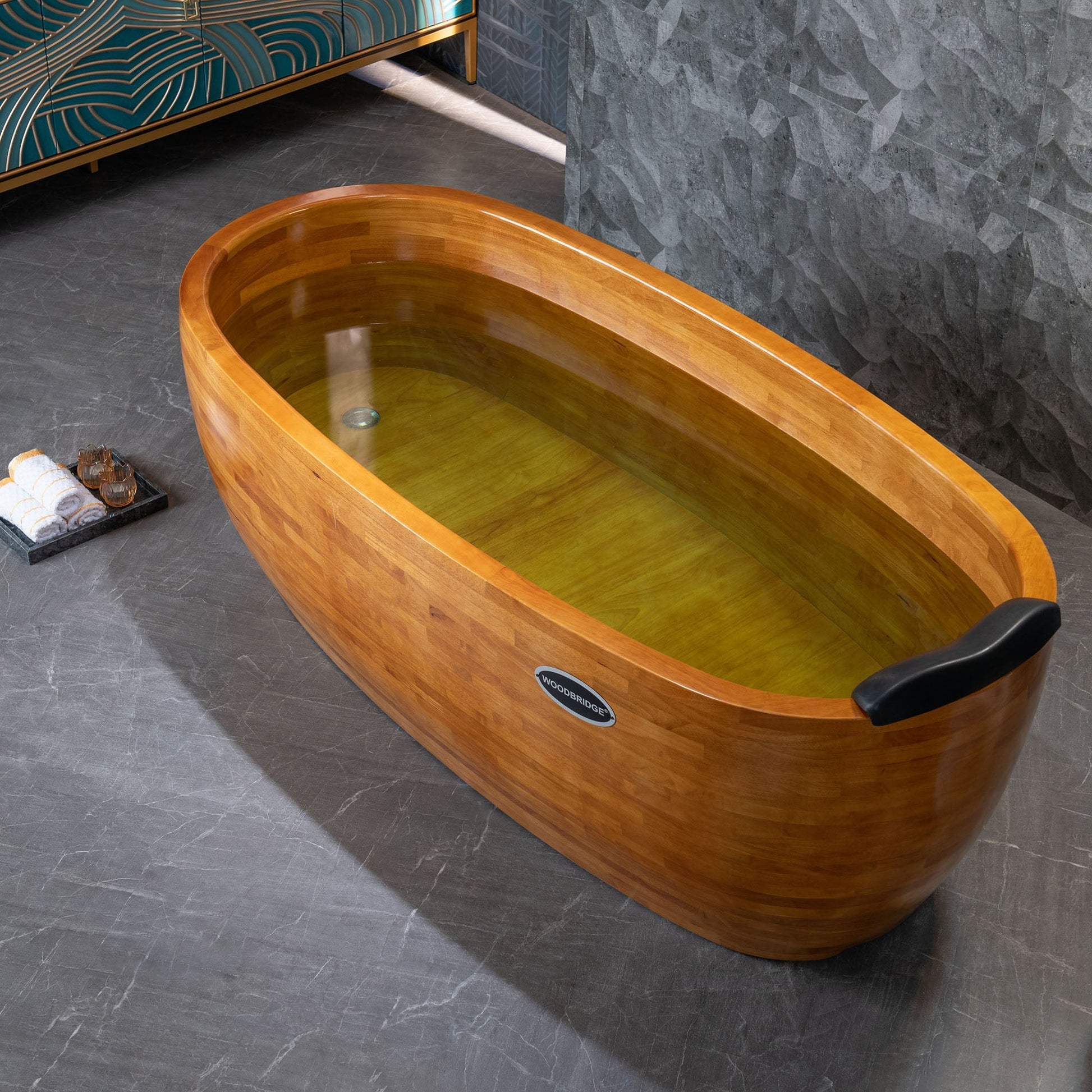 WoodBridge WB1028 67" Handcrafted Natural Wood Freestanding Soaking Bathtub with Wood Lid, Wood Seat, Pillow and Chrome Pop Up Drain