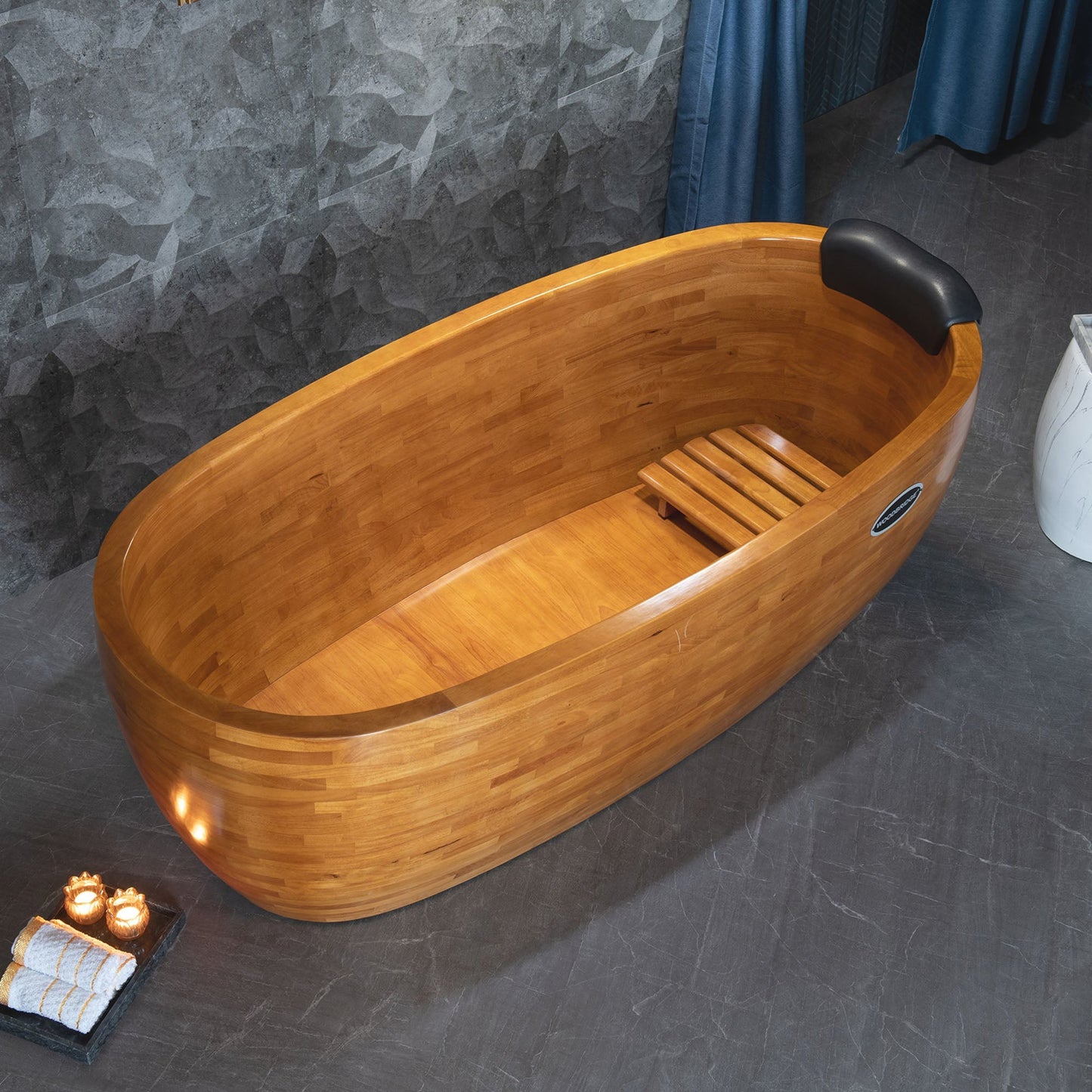 WoodBridge WB1028 67" Handcrafted Natural Wood Freestanding Soaking Bathtub with Wood Lid, Wood Seat, Pillow and Chrome Pop Up Drain