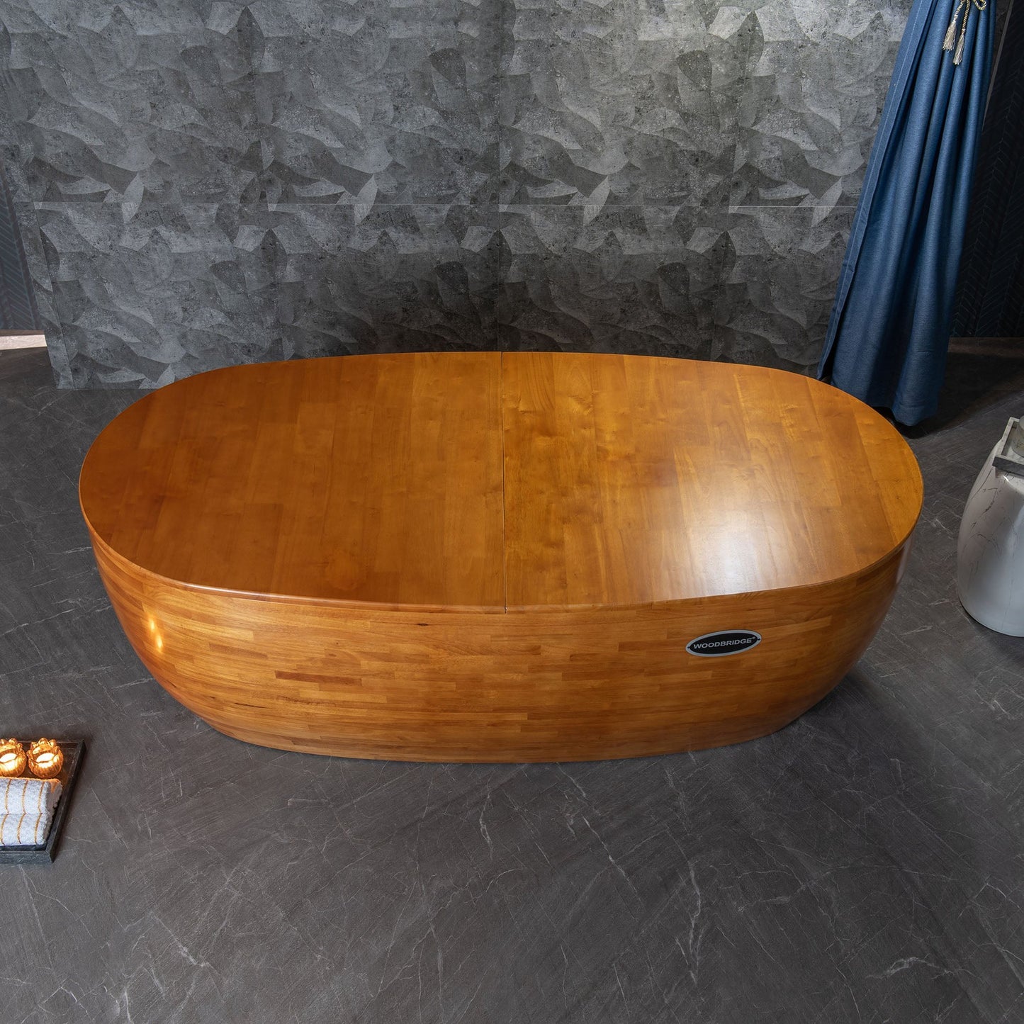 WoodBridge WB1028 67" Handcrafted Natural Wood Freestanding Soaking Bathtub with Wood Lid, Wood Seat, Pillow and Chrome Pop Up Drain