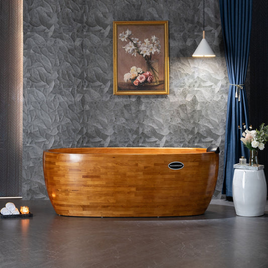 WoodBridge WB1028 67" Handcrafted Natural Wood Freestanding Soaking Bathtub with Wood Lid, Wood Seat, Pillow and Chrome Pop Up Drain