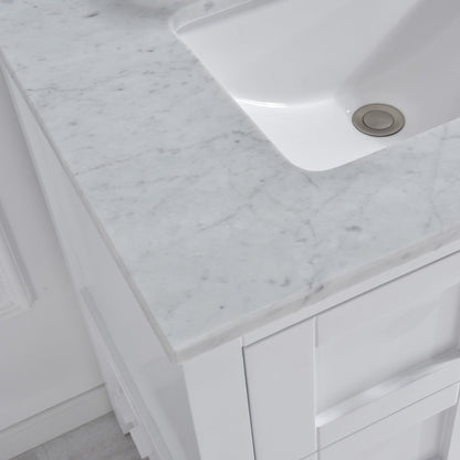 Woodbridge 31" White Carrara Marble Vanity Top With Single Undermount Sink and Pre-drilled Single Faucet Hole