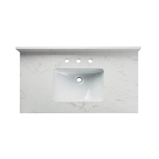 Woodbridge 37" White Carrara Engineered Stone Vanity Top With Single Undermount Sink and Pre-drilled 3-Hole for 8" Widespread Faucet