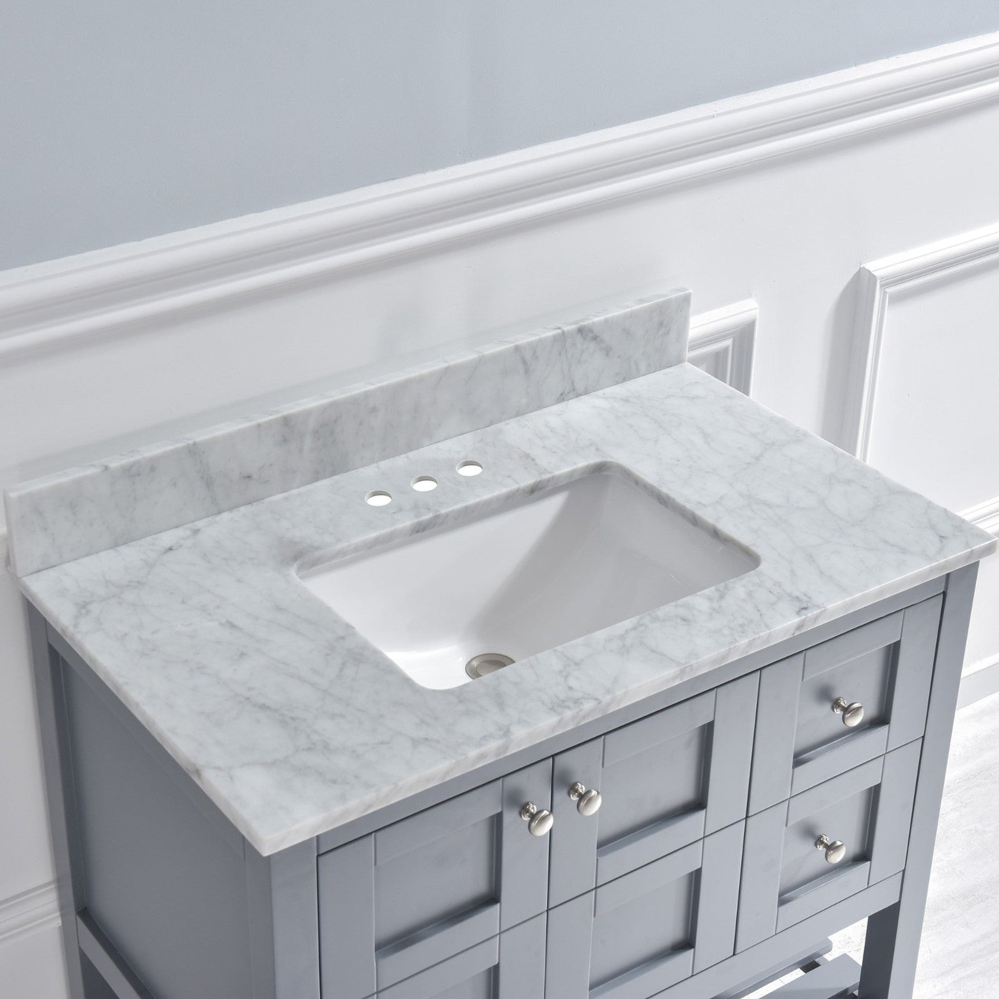 Woodbridge 37" White Carrara Marble Vanity Top With Single Undermount Sink and Pre-drilled 4" Centerset Faucet Holes