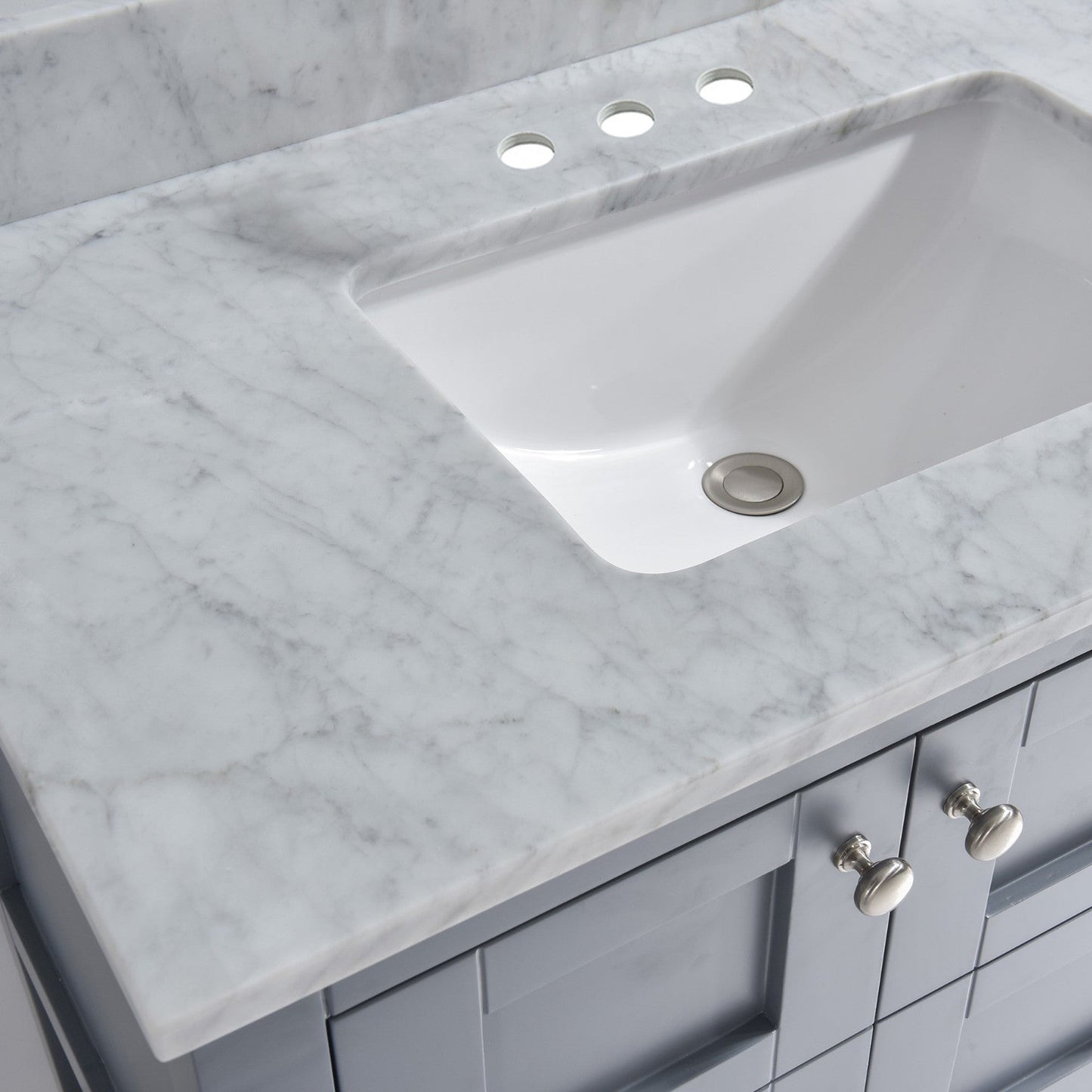 Woodbridge 37" White Carrara Marble Vanity Top With Single Undermount Sink and Pre-drilled 4" Centerset Faucet Holes