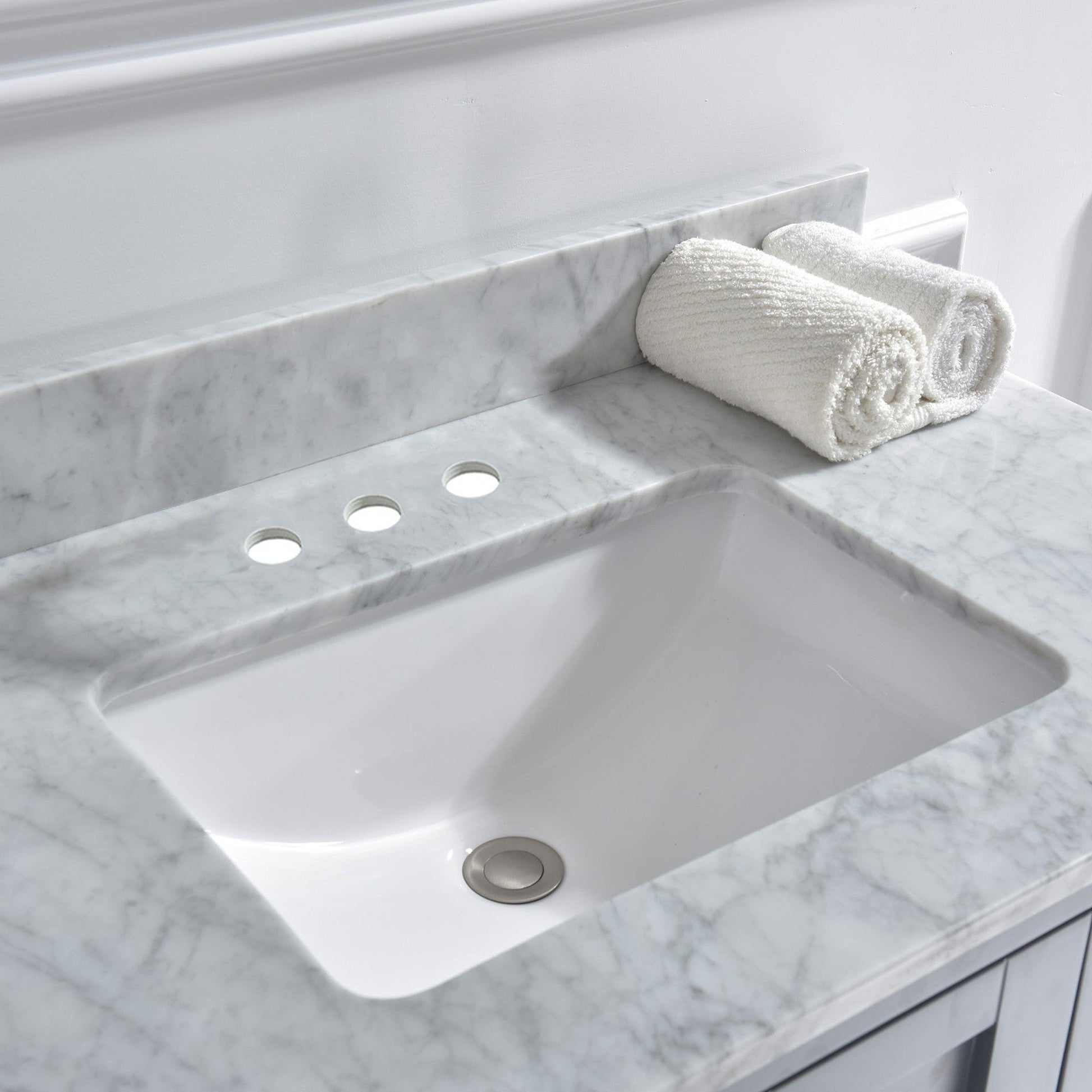 Woodbridge 37" White Carrara Marble Vanity Top With Single Undermount Sink and Pre-drilled 4" Centerset Faucet Holes