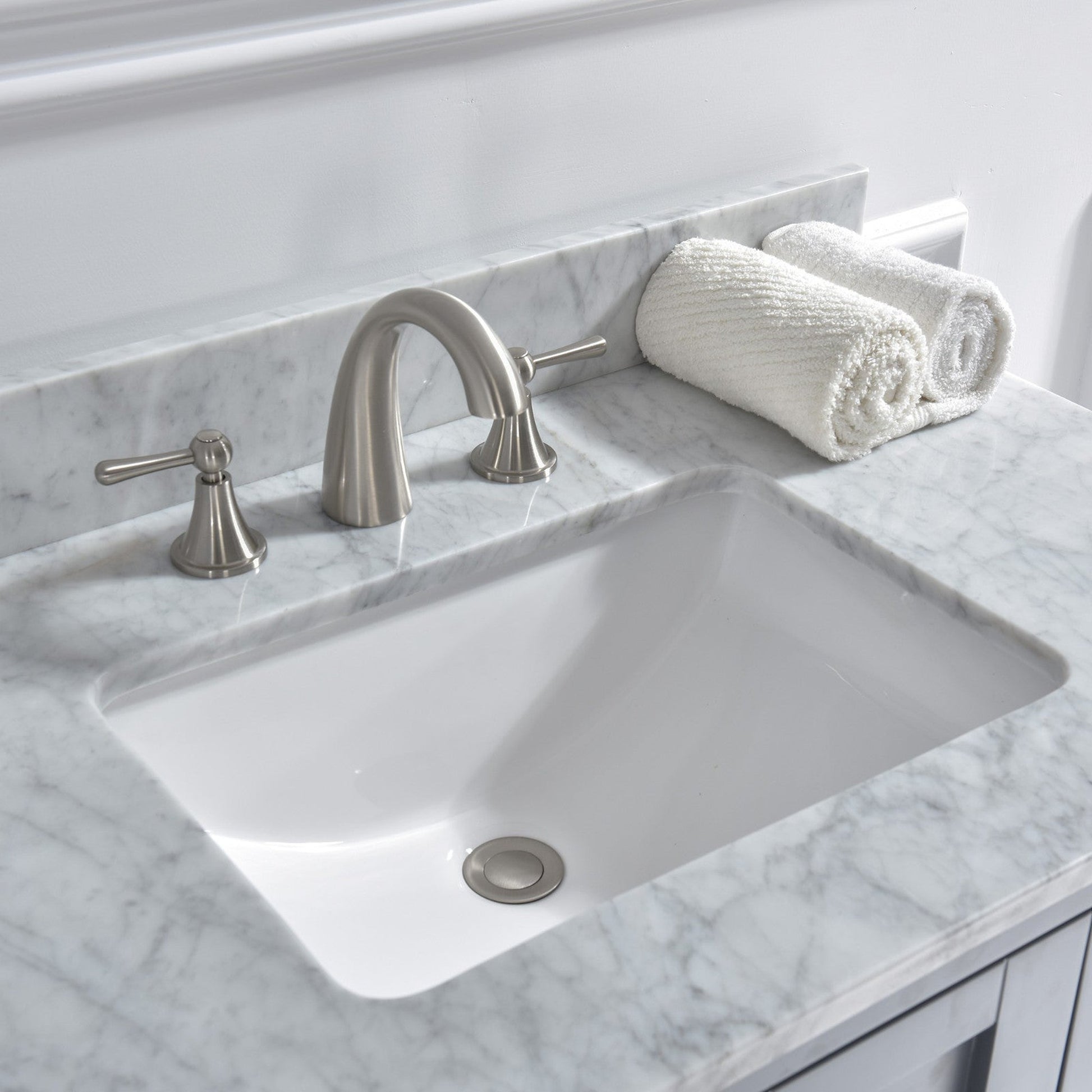 Woodbridge 37" White Carrara Marble Vanity Top With Single Undermount Sink and Pre-drilled 8" Widespread Faucet Hole