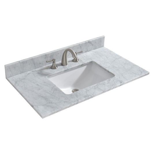 Woodbridge 37" White Carrara Marble Vanity Top With Single Undermount Sink and Pre-drilled 8" Widespread Faucet Hole