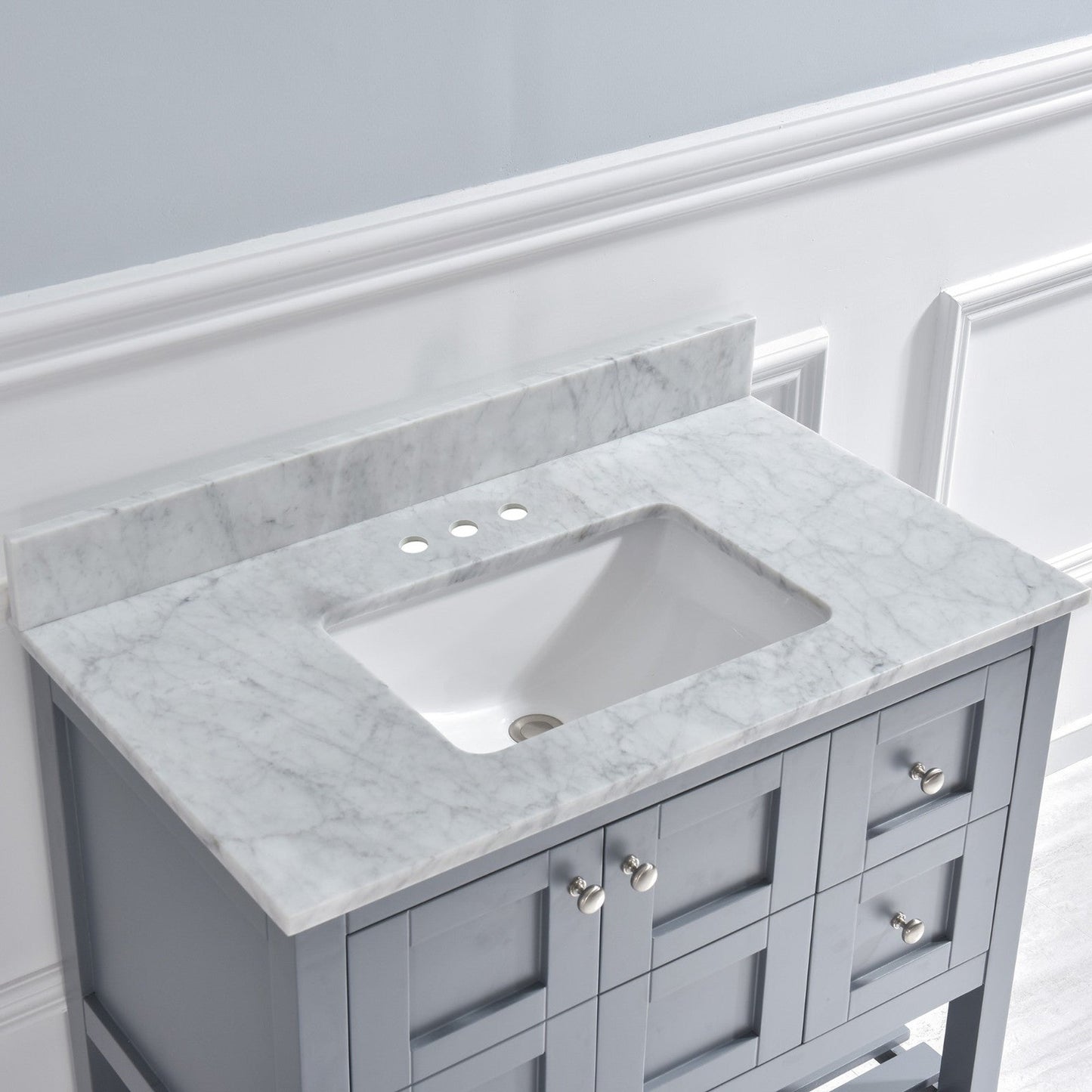 Woodbridge 43" White Carrara Marble Vanity Top With Single Undermount Sink and Pre-drilled 4" Widespread Faucet