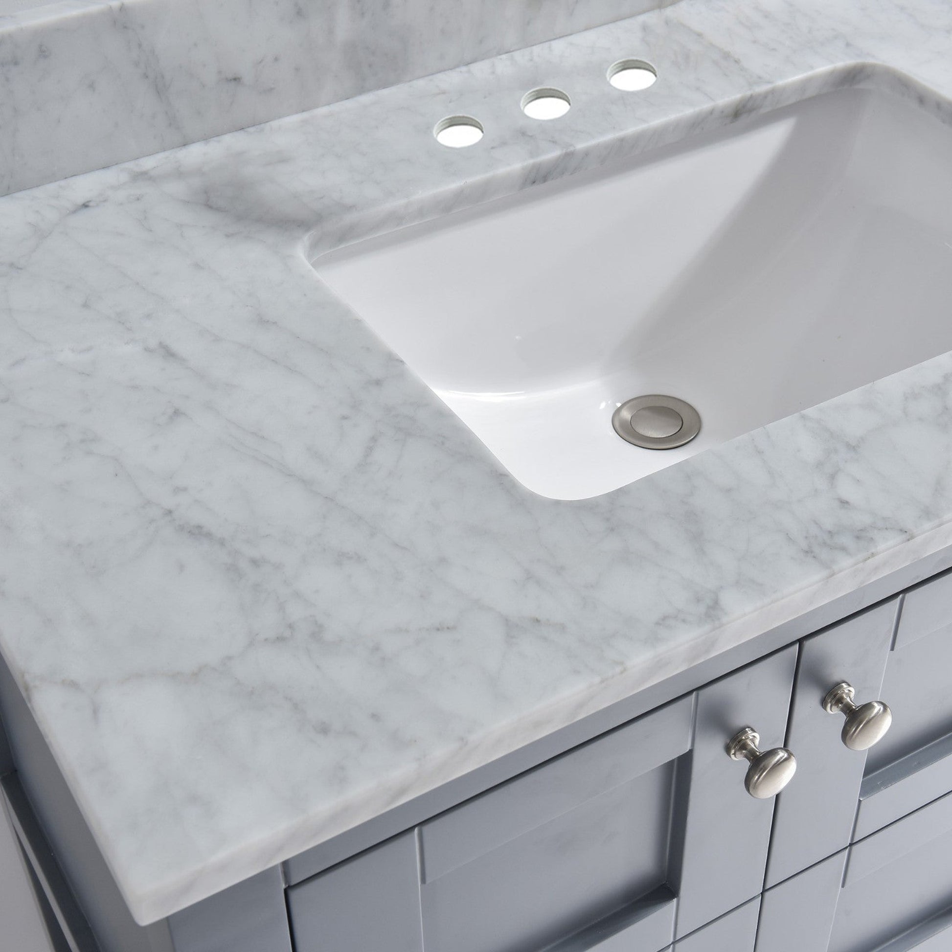 Woodbridge 43" White Carrara Marble Vanity Top With Single Undermount Sink and Pre-drilled 4" Widespread Faucet