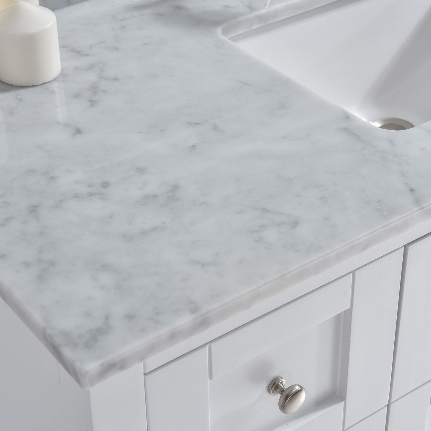 Woodbridge 43" White Carrara Marble Vanity Top With Single Undermount Sink and Pre-drilled 8" Widespread Faucet