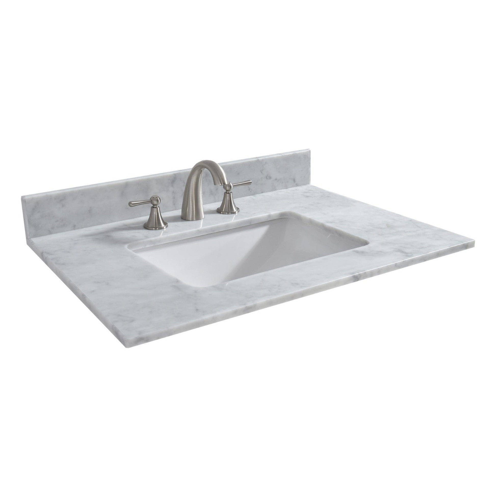 Woodbridge 43" White Carrara Marble Vanity Top With Single Undermount Sink and Pre-drilled 8" Widespread Faucet